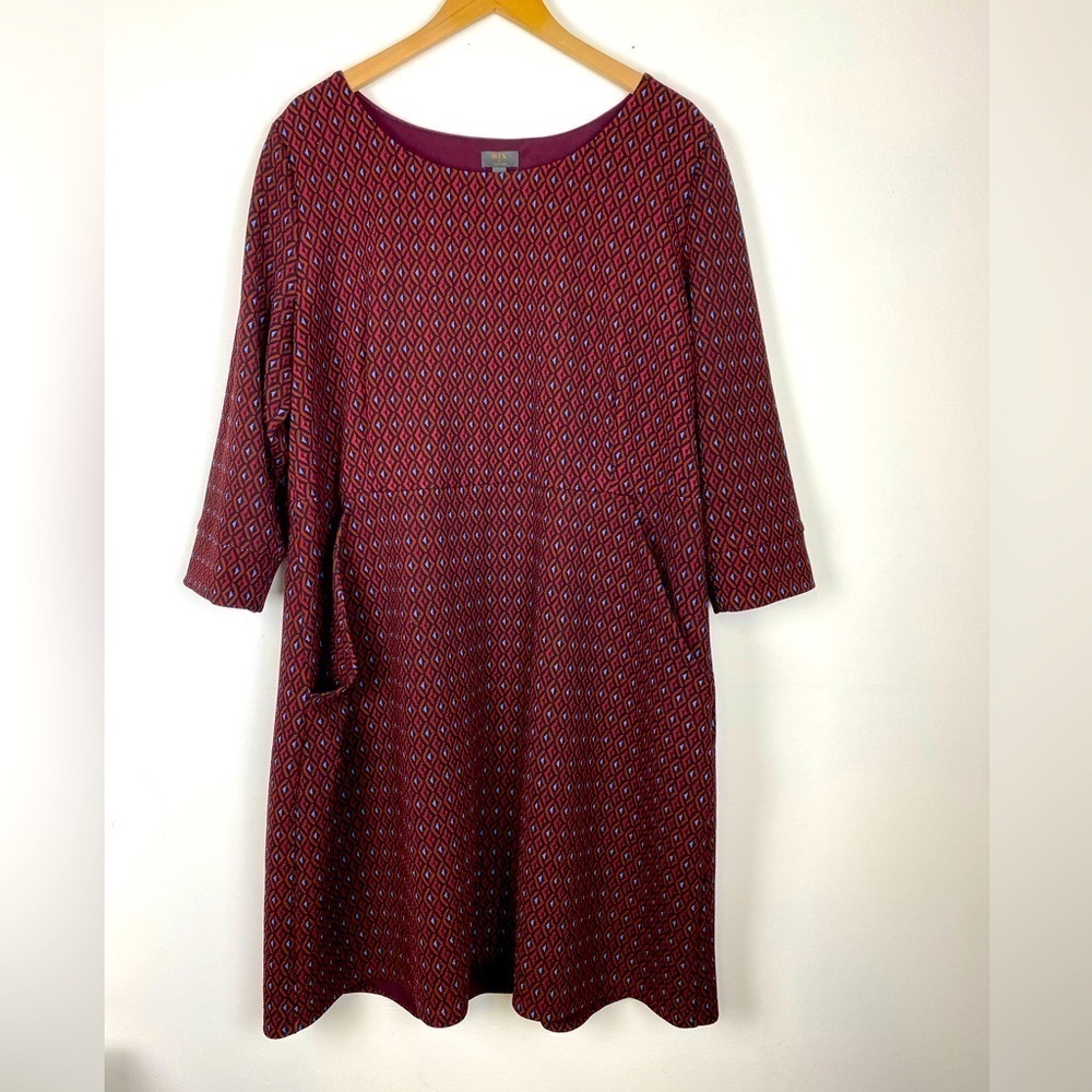 Mix By 41 Hawthorn Arava Knit Dress Sz 3XL 3/4 Sleeve Pockets Geometric Burgundy